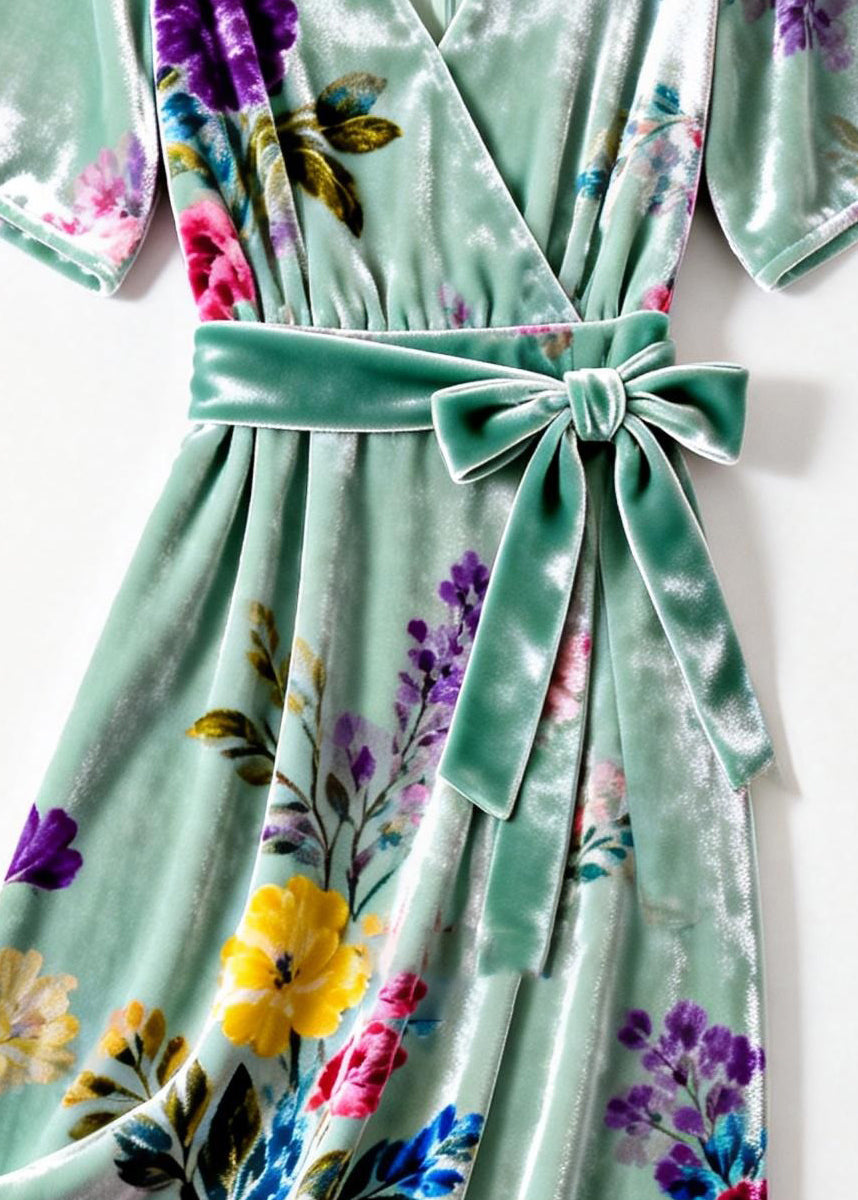 Elegant Green V Neck Print Tie Waist Silk Velvet Dresses Summer