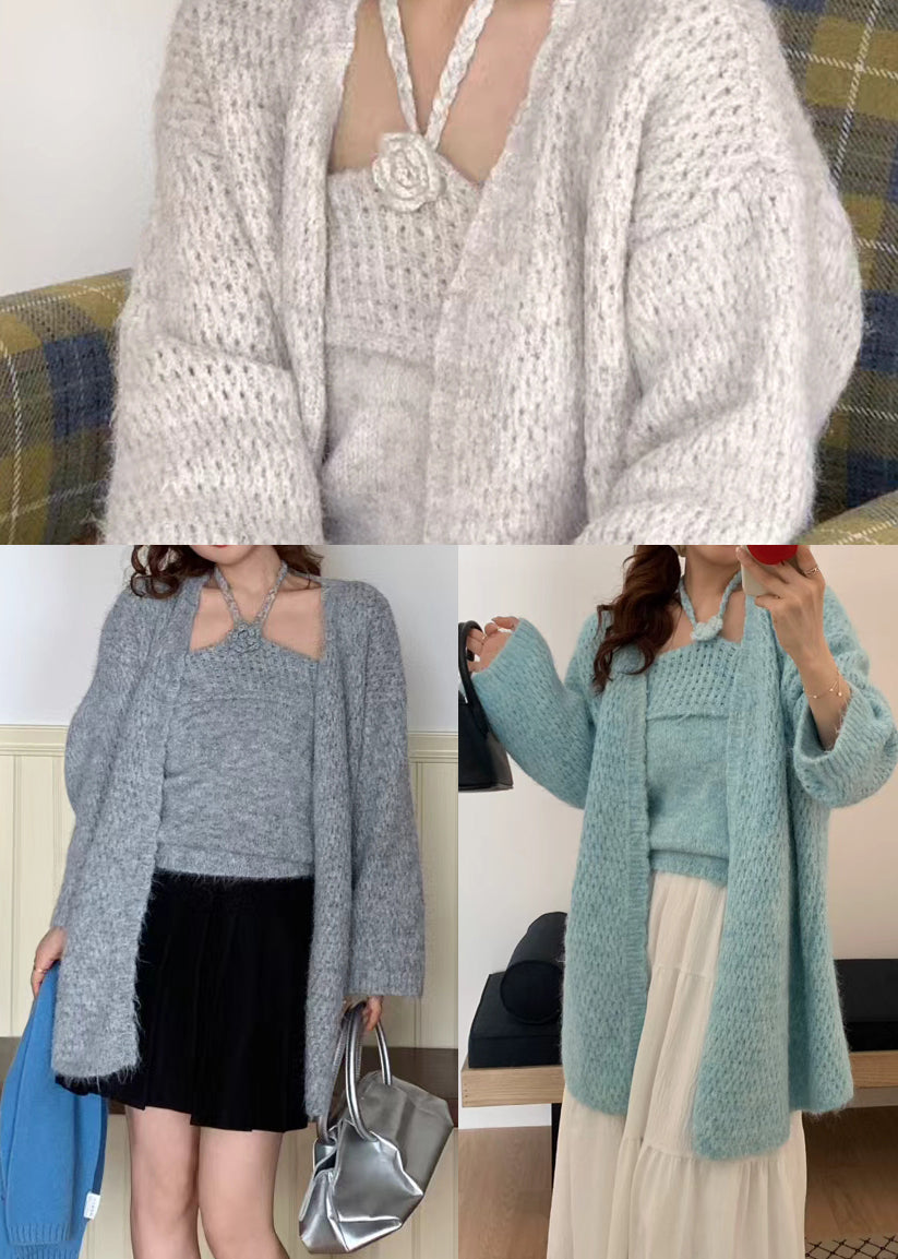 Elegant Grey Halter Floral Knit Cardigan Two Pieces Set Winter