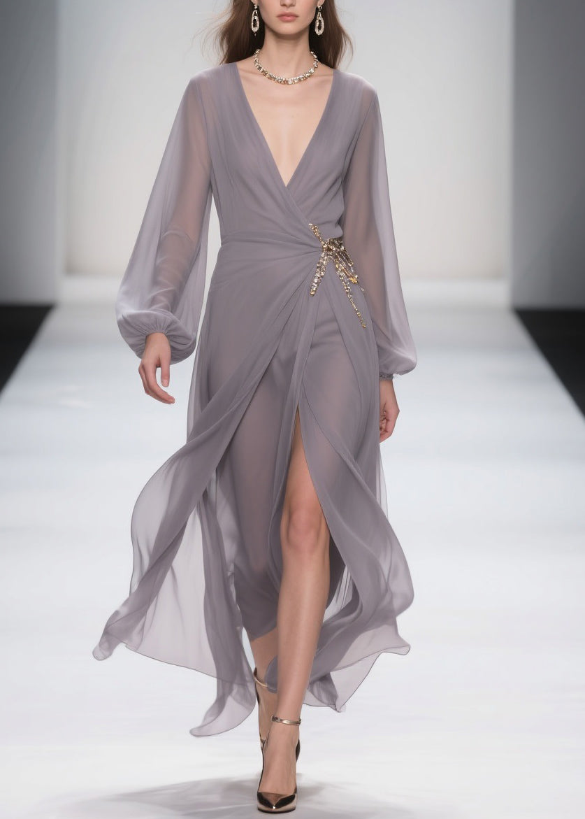 Elegant Grey Lace Up Front Open Chiffon Long Dress Spring