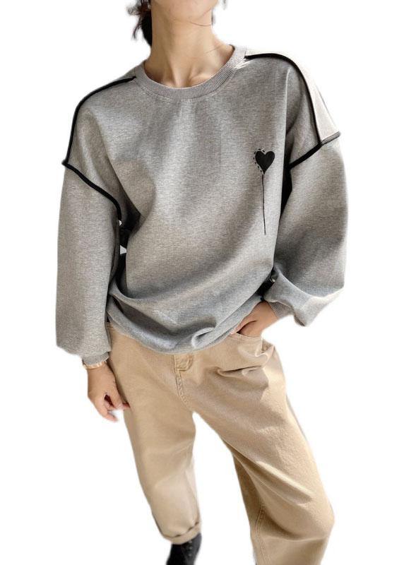 Elegant Grey Loose Embroideried Patchwork Fall Sweatshirt Street Wear - SooLinen