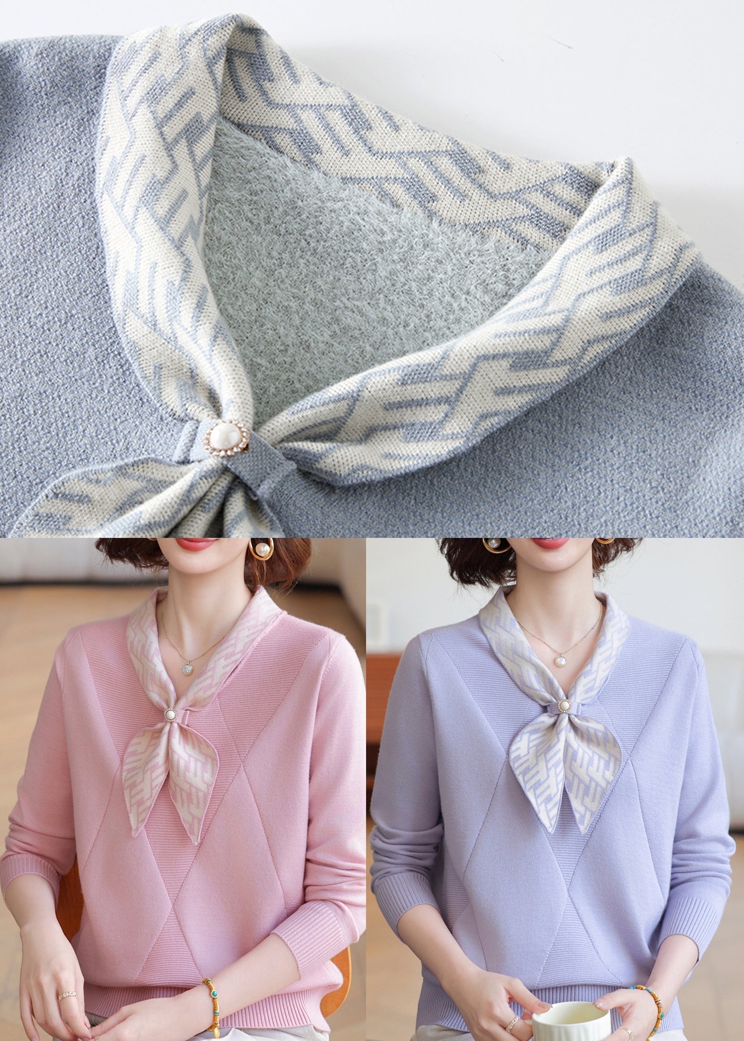 Elegant Grey V Neck Striped Knitted Tops Winter