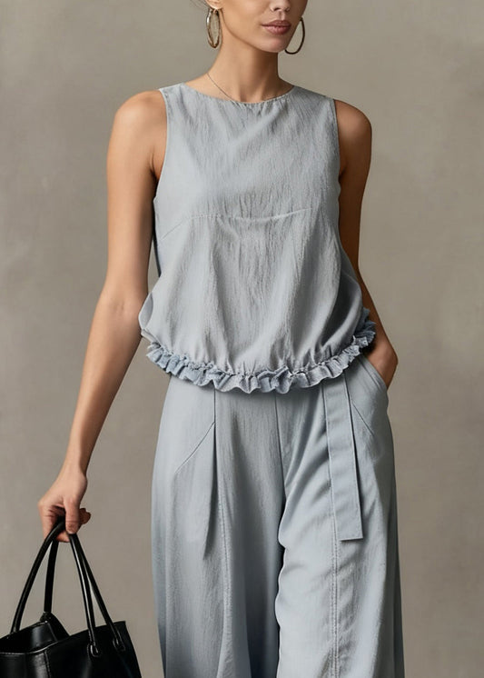 Elegant Haze Blue Ruffled Pockets Cotton Two Piece Set Summer