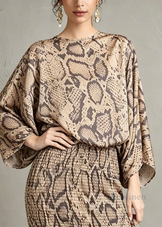 Elegant Khaki O Neck Leopard Print Chiffon Dress Batwing Sleeve