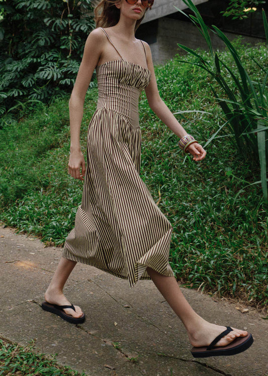 Elegant Khaki Striped Cotton Spaghetti Strap Dress Summer