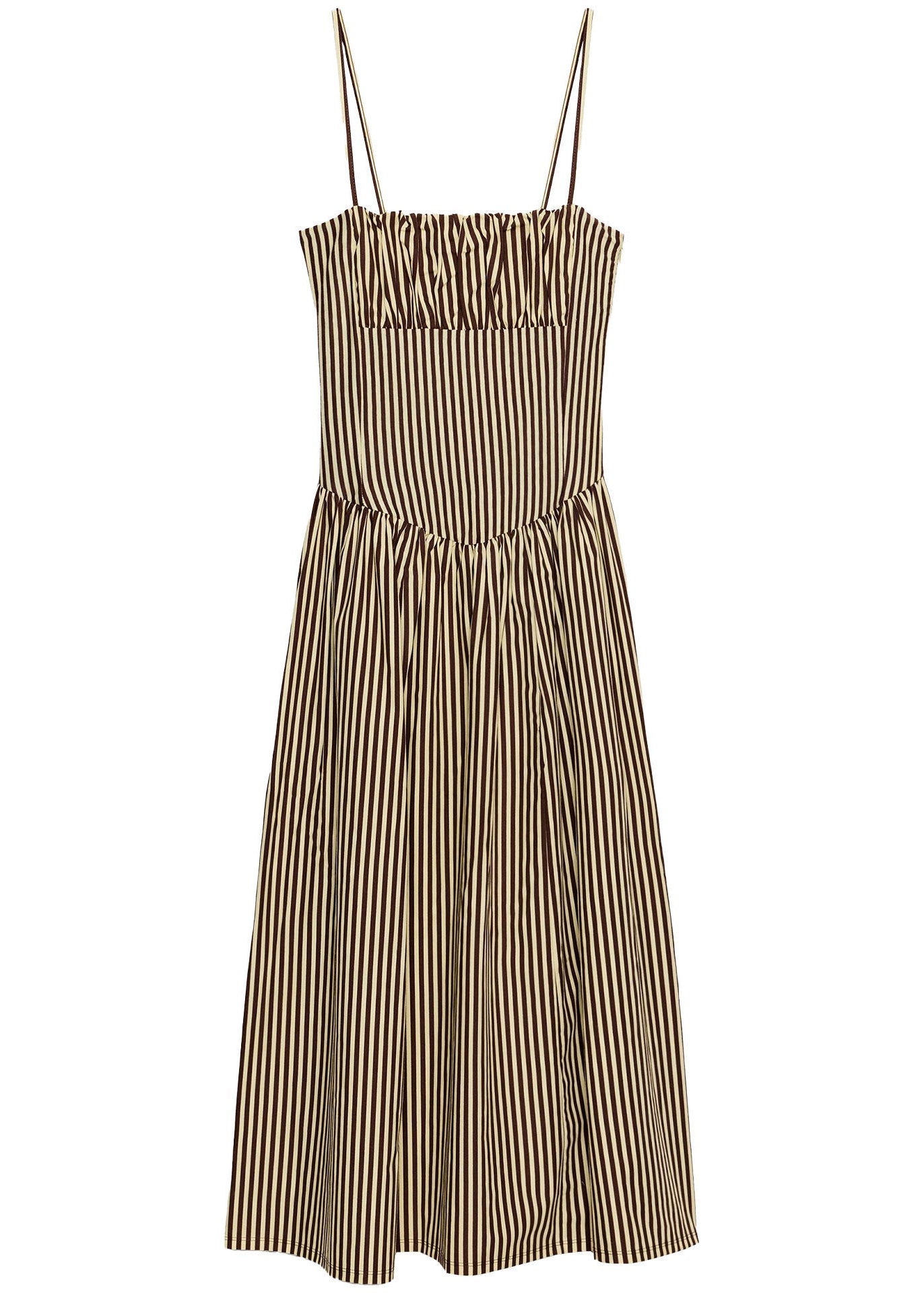Elegant Khaki Striped Cotton Spaghetti Strap Dress Summer