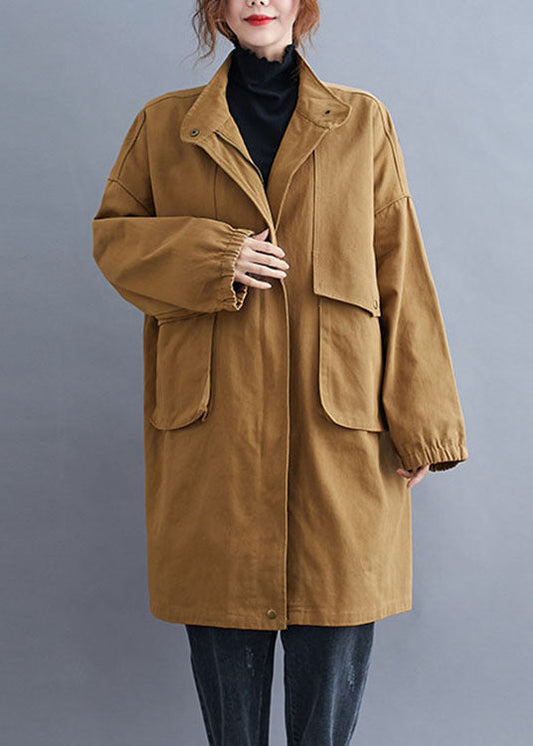 Eleganter Frühlingsmantel aus Baumwolle in Khaki mit Reißverschlusstaschen