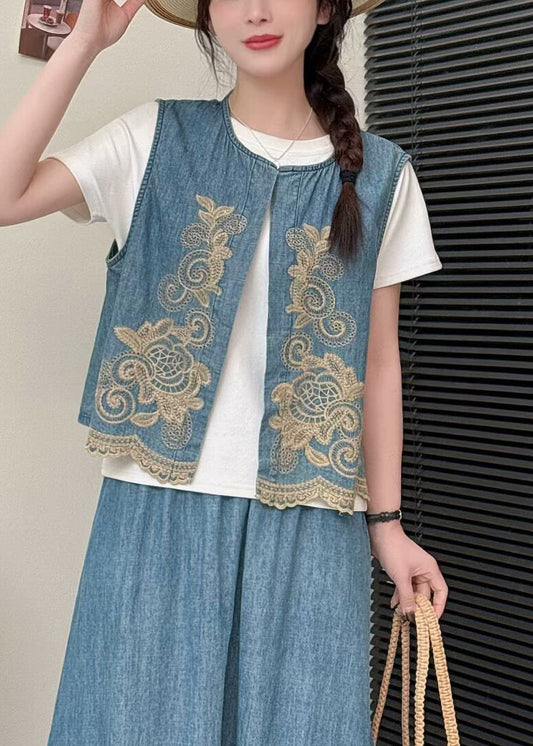 Elegant Light Green Embroideried Denim Vests Summer