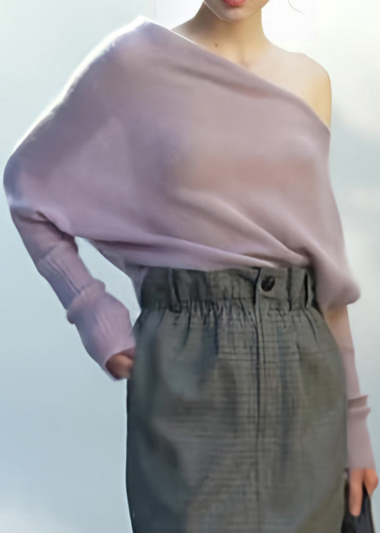 Elegant Light Purple Cold Shoulder Knit Shirts Top Fall