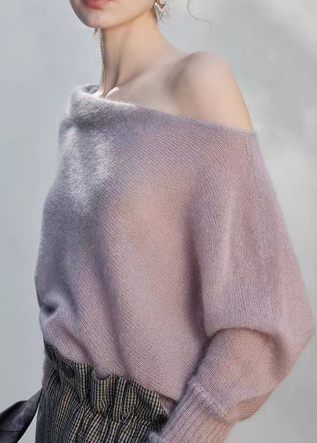 Elegant Light Purple Cold Shoulder Knit Shirts Top Fall