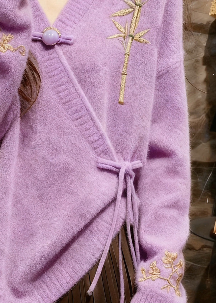 Elegante hellviolette Baumwollstrickpullover mit V-Ausschnitt und Bindegürtel für den Herbst