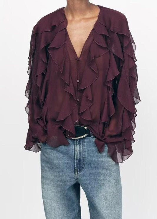 Elegant Light Yellow Ruffles Chiffon UPF 50+ Shirt Summer