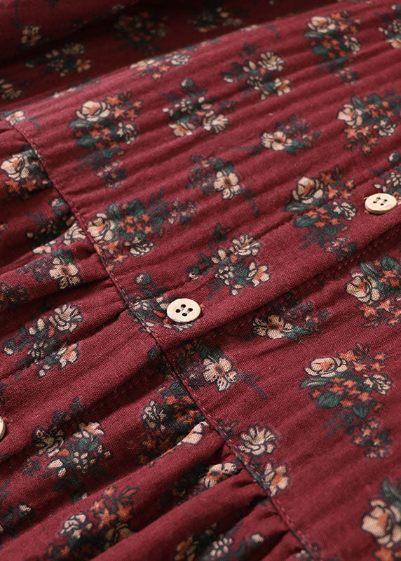 Elegant Mulberry Print Button Cotton Holiday Dress Spring