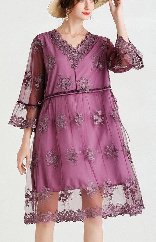 Elegant Mulberry V Neck Petal Sleeve Mini Summer Lace Dress - SooLinen