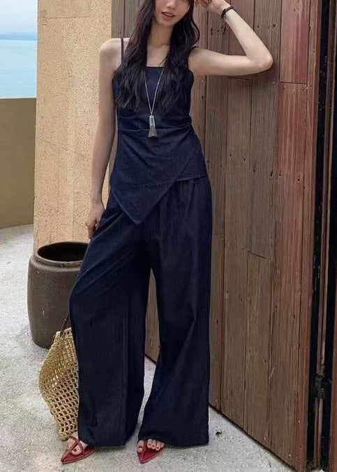 Elegant Navy Asymmetrical Silm Fit Denim 2 Piece Outfit Summer