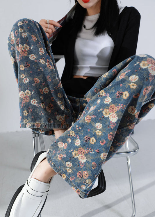 Elegant Navy Oversized Print Warm Fleece Denim Straight Pants Winter