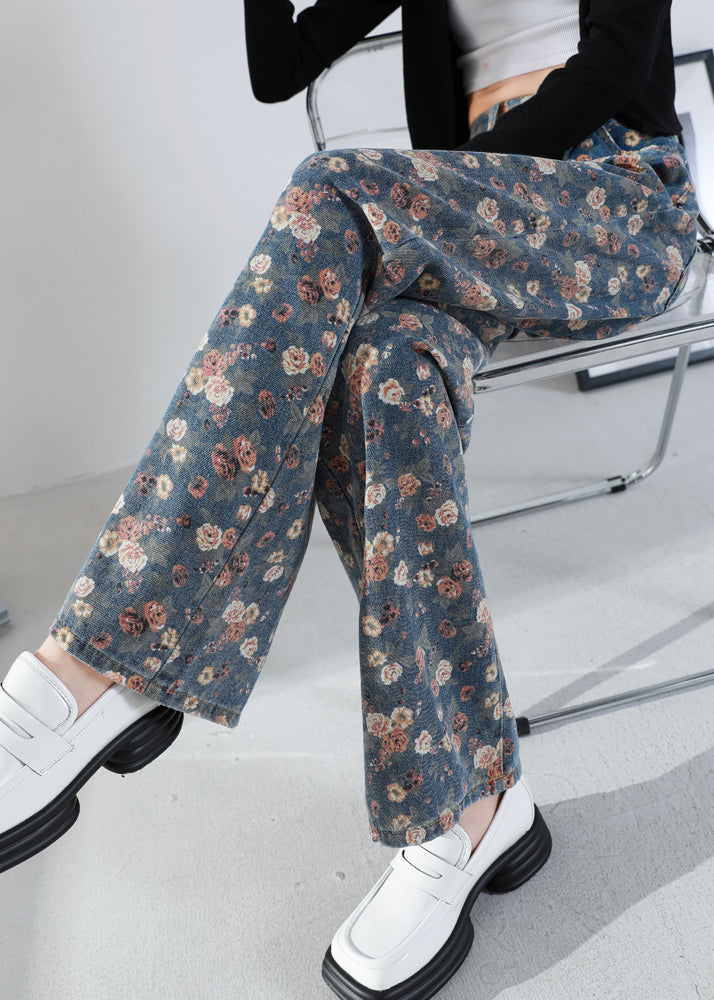 Elegant Navy Oversized Print Warm Fleece Denim Straight Pants Winter