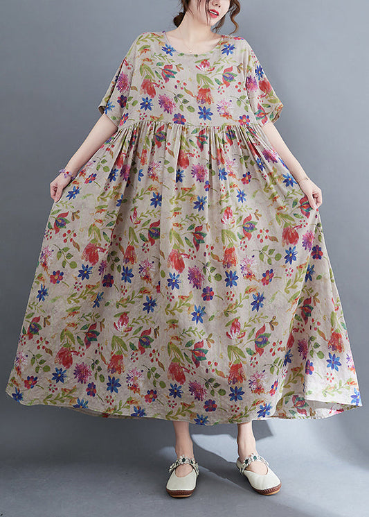 Elegantes O-Ausschnitt-Kleid mit extra großem Saum und Print, kurze Ärmel