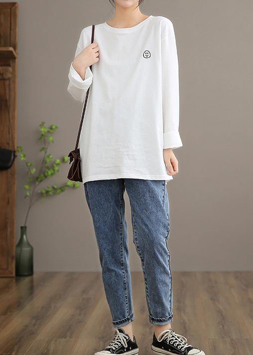 Elegant O Neck Linen Spring Blouse Fabrics White Smiling Face Blouse - SooLinen