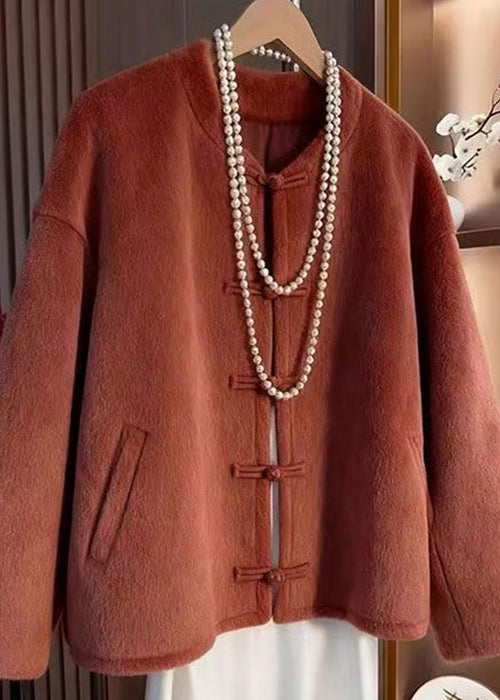 Elegante orangefarbene Wollmäntel mit Rundhalsausschnitt, Knopfleiste und Taschen für den Winter