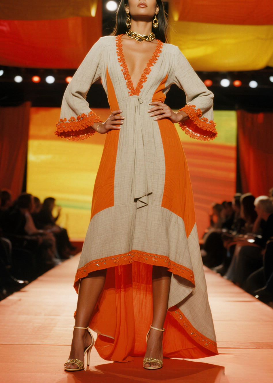 Elegant Orange Patchwork Low High Design Linen Party Dresses Summer
