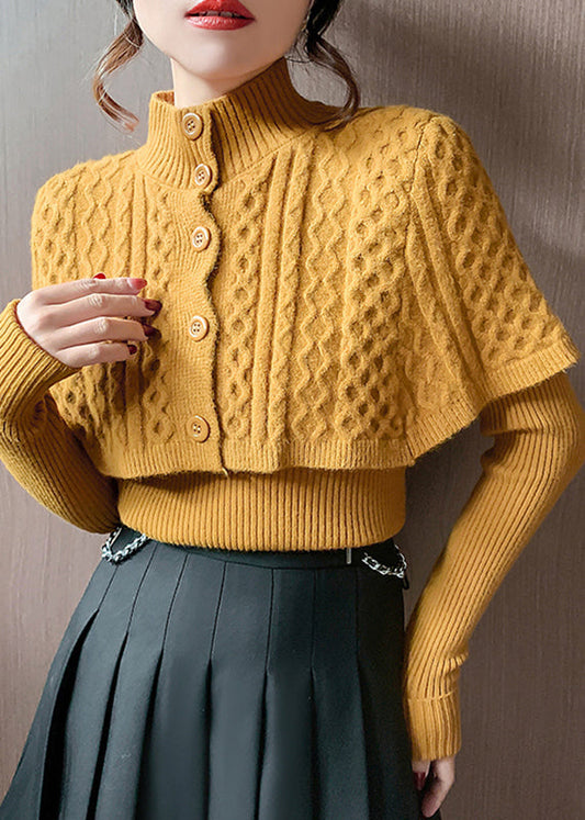 Elegante Orange Rollkragen Zopfmuster Wraps Und Pullover Zwei Stücke Set Herbst