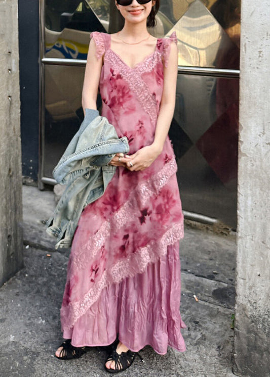 Elegantes orangefarbenes V-Ausschnitt-Spitzen-Patchwork-Langes ärmelloses Kleid