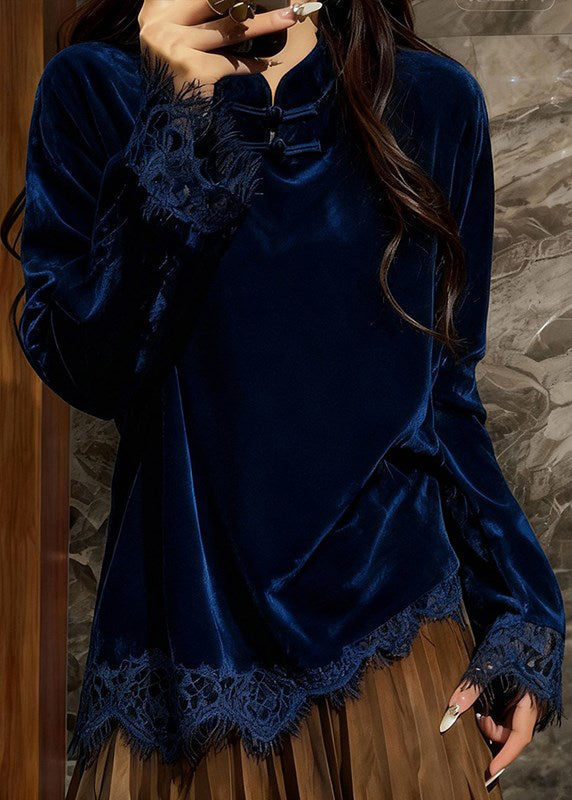 Elegant Peacock Blue Mandarin Collar Patchwork Lace Silk Velour Top Spring