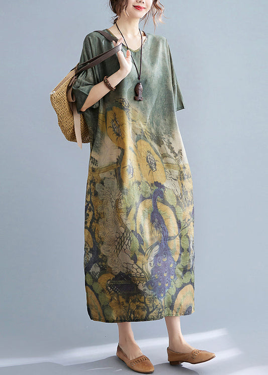 Elegante Pfau Grün V-Ausschnitt Print Seite Offen Kleider Kurzarm