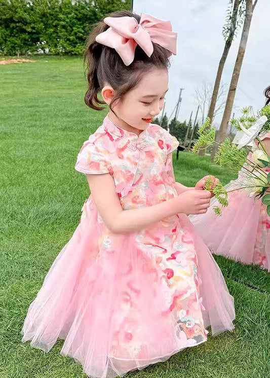 Elegant Pink Butterfly Patchwork Tulle Kids Girls Oriental Dresses Summer