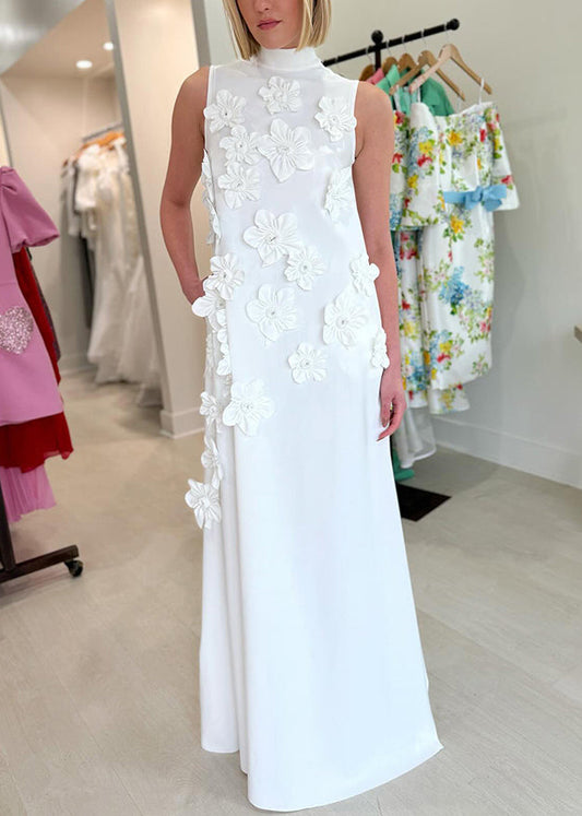 Elegant Pink Floral Lace Up Pockets Cotton Long Dress Sleeveless