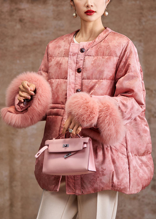Elegant Pink Jacquard Patchwork Fox Hair Duck Down Silk Puffer Coat Winter