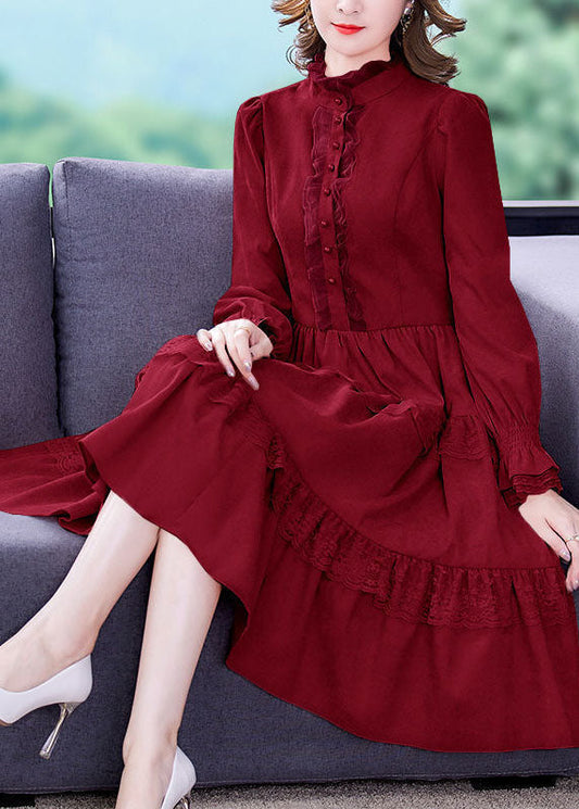 Elegantes rosa Rüschen-Spitzen-Patchwork-Exra-großer Saum Seidenvelours-Kleid Frühling