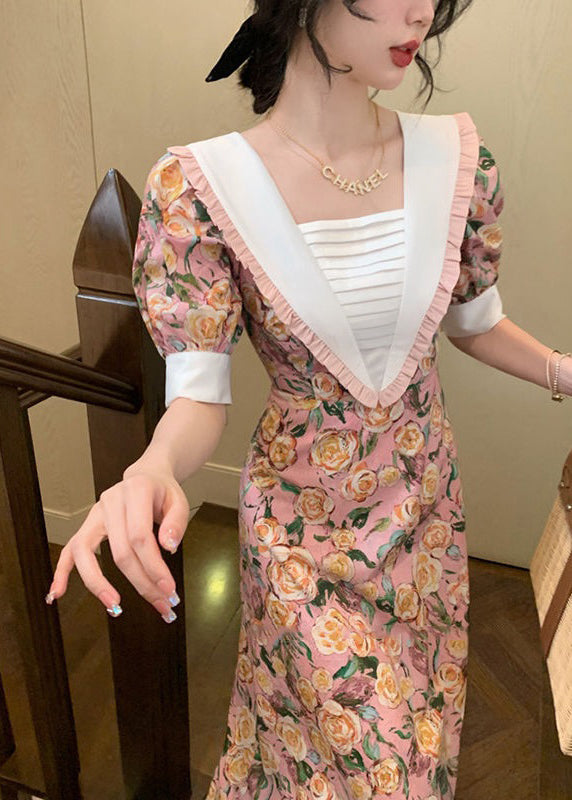 Elegante rosa Rüschen Print Lace Up Baumwolle Kleider Sommer
