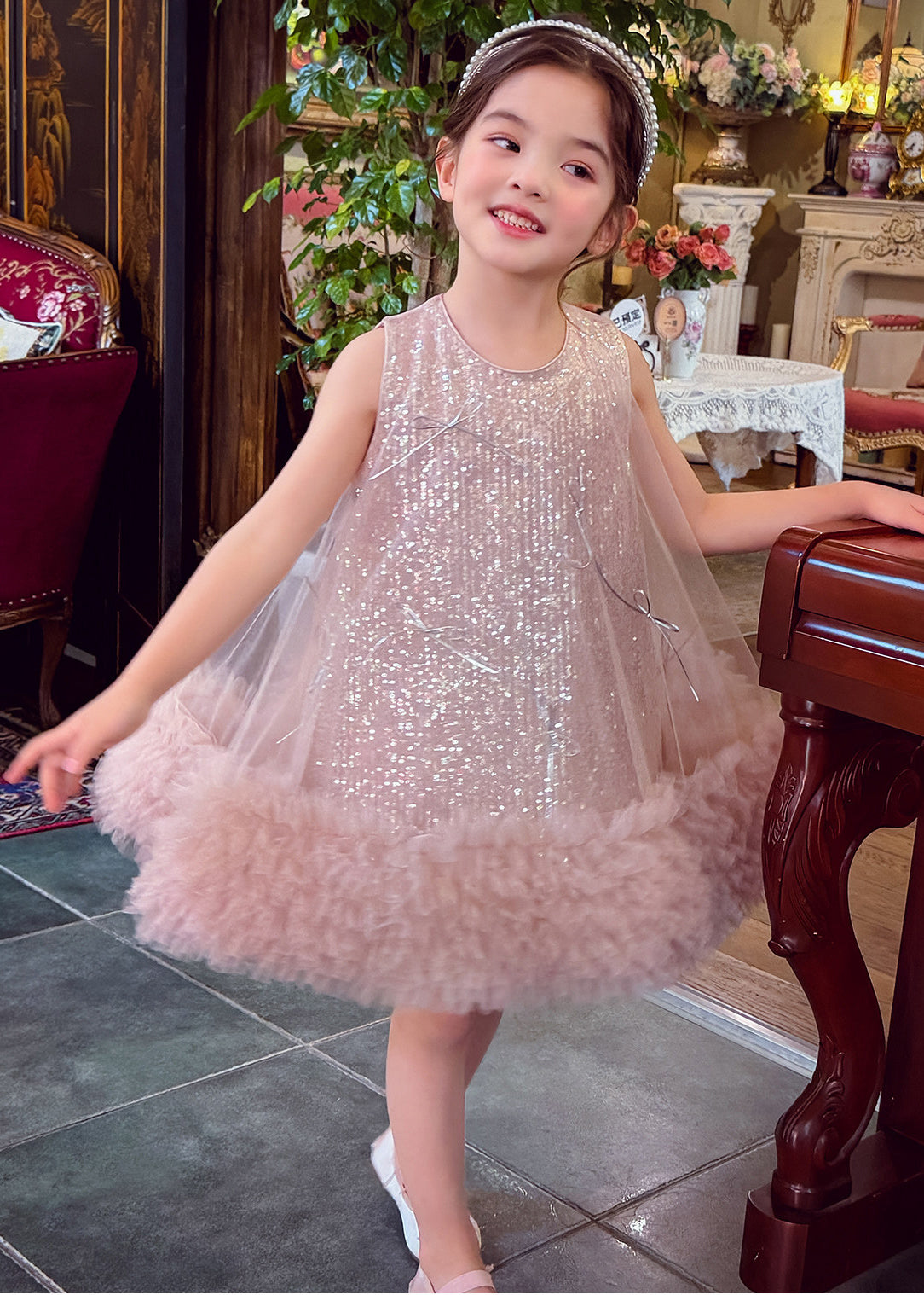 Elegant Pink Sequins Bow Tulle Baby Girls Dress Sleeveless