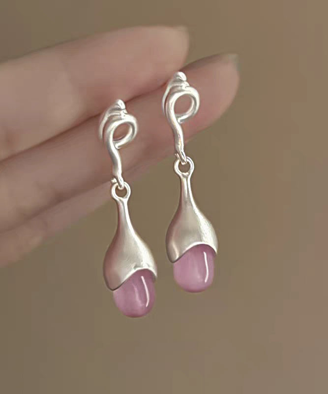 Elegant Pink Sterling Silver Cat Eye Stone Tassel Drop Earrings