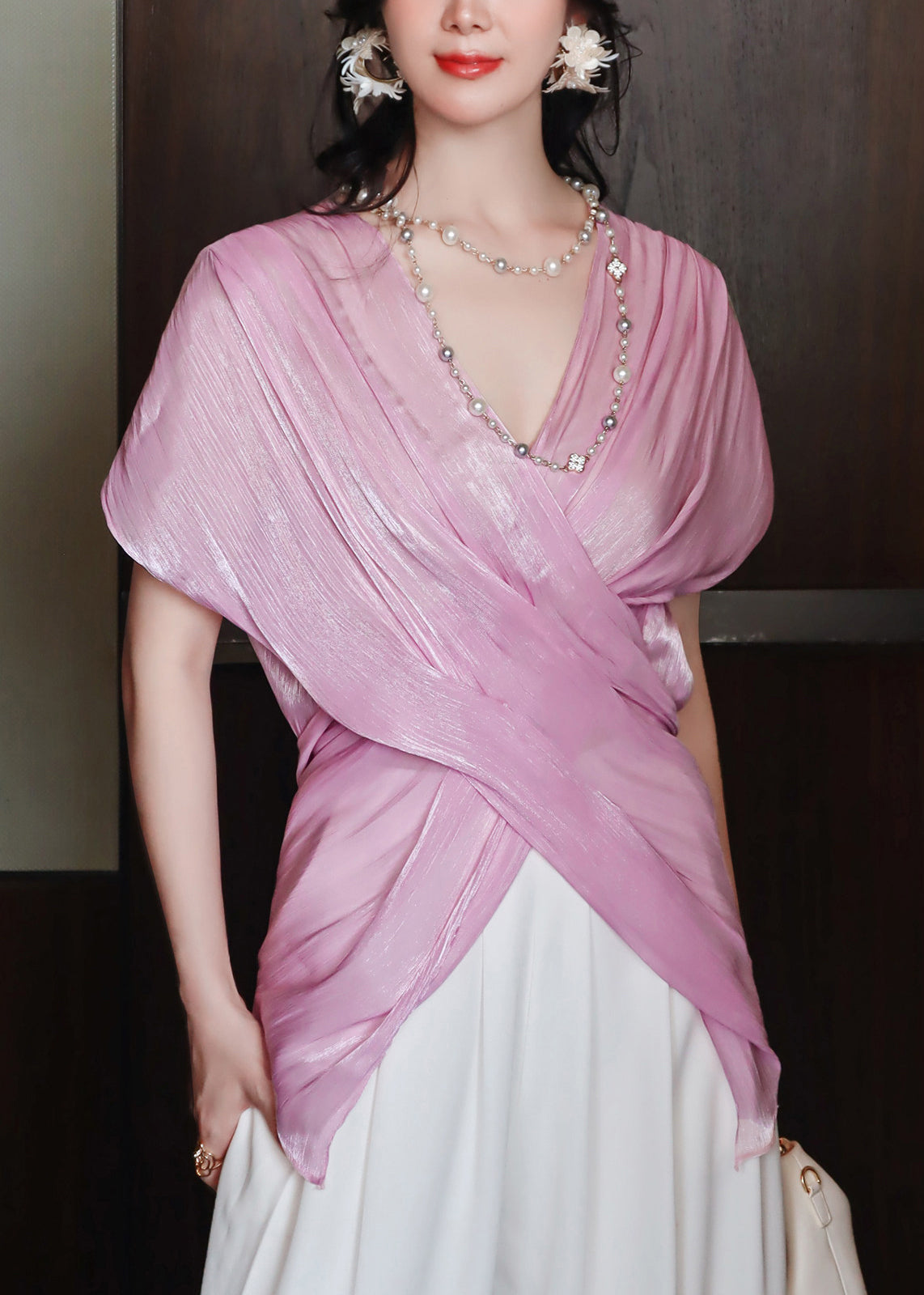 Elegant Pink V Neck Cross Silk Tops Batwing Sleeve