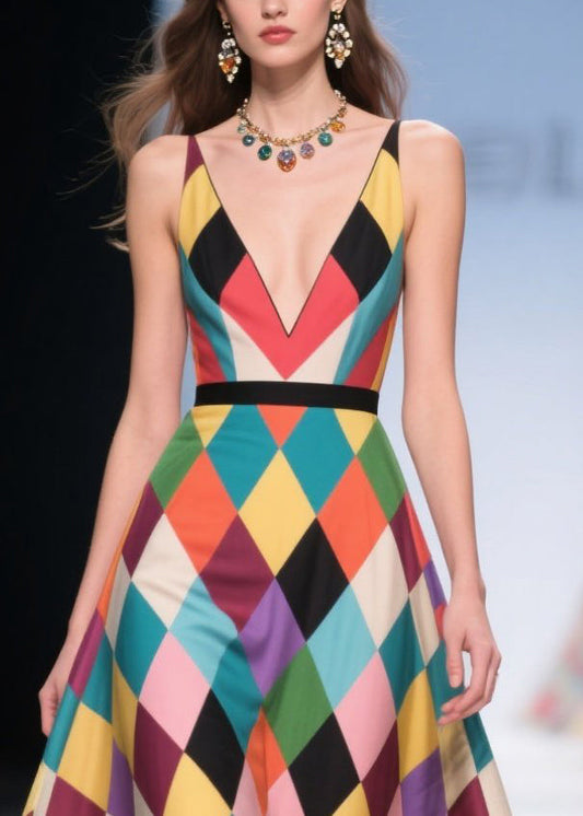 Elegant Polychrome Plaid Patchwork Lace Party Dress Summer