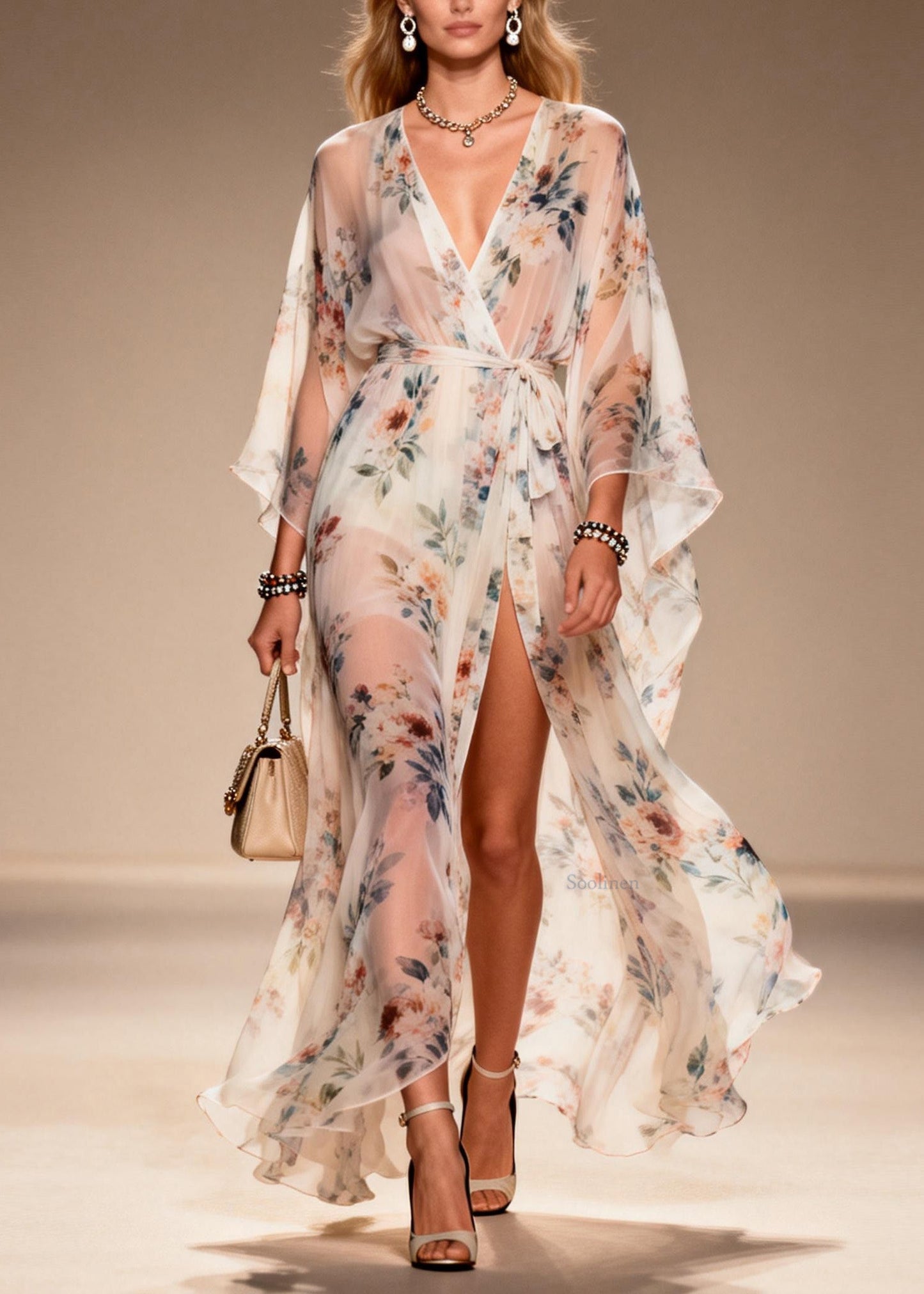 Elegant Print Side Open Lace Up Chiffon Dresses Summer