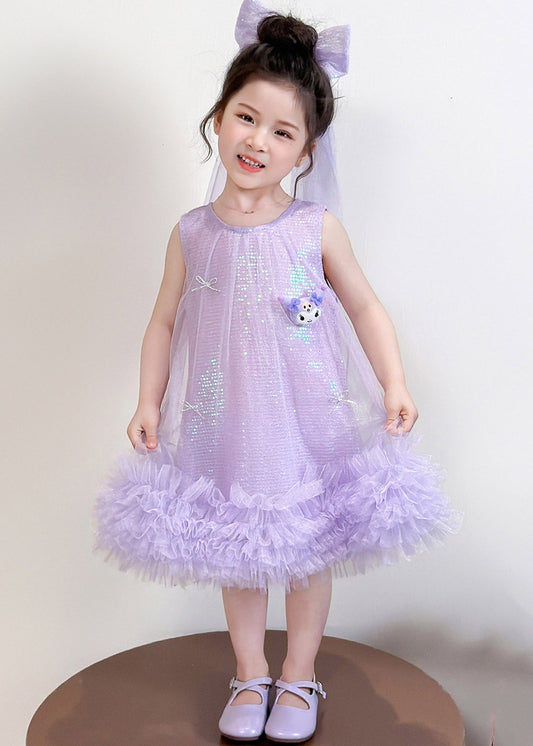Elegant Purple O-Neck Patchwork Sequins Tulle Girls Party Maxi Dress Sleeveless