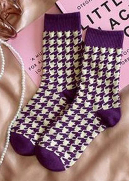 Elegante lila karierte Jacquard-Baumwollsocken bis zur Mitte der Wade