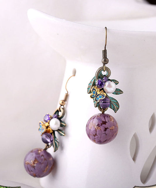 Elegantes pendientes colgantes de plata de ley morada con circonitas, jade y cristal cloisonné esmaltado en color.