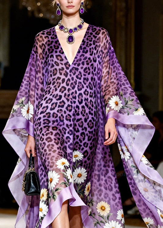 Elegant Purple V Neck Asymmetrical Design Print Chiffon Dress Summer