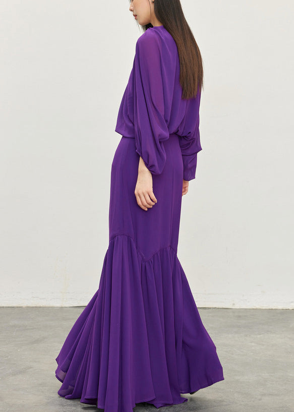 Elegant Purple Wrinkled Tops And Skirts Chiffon Two Pieces Set Batwing Sleeve