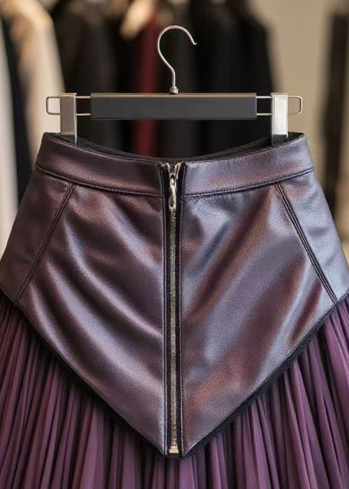 Elegant Purple Zippered Wrinkled Tulle Patchwork Skirts Spring