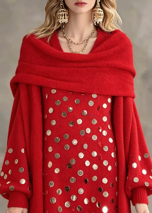 Elegant Red Asymmetrical Sequins Cotton Knit Sweater Lantern Sleeve