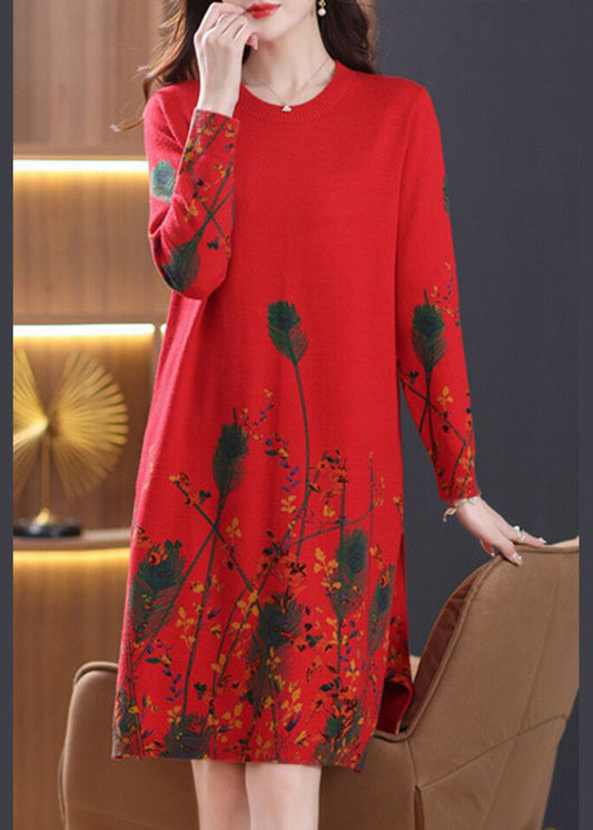 Elegante vestido suéter de punto con estampado de cuello redondo rojo para primavera