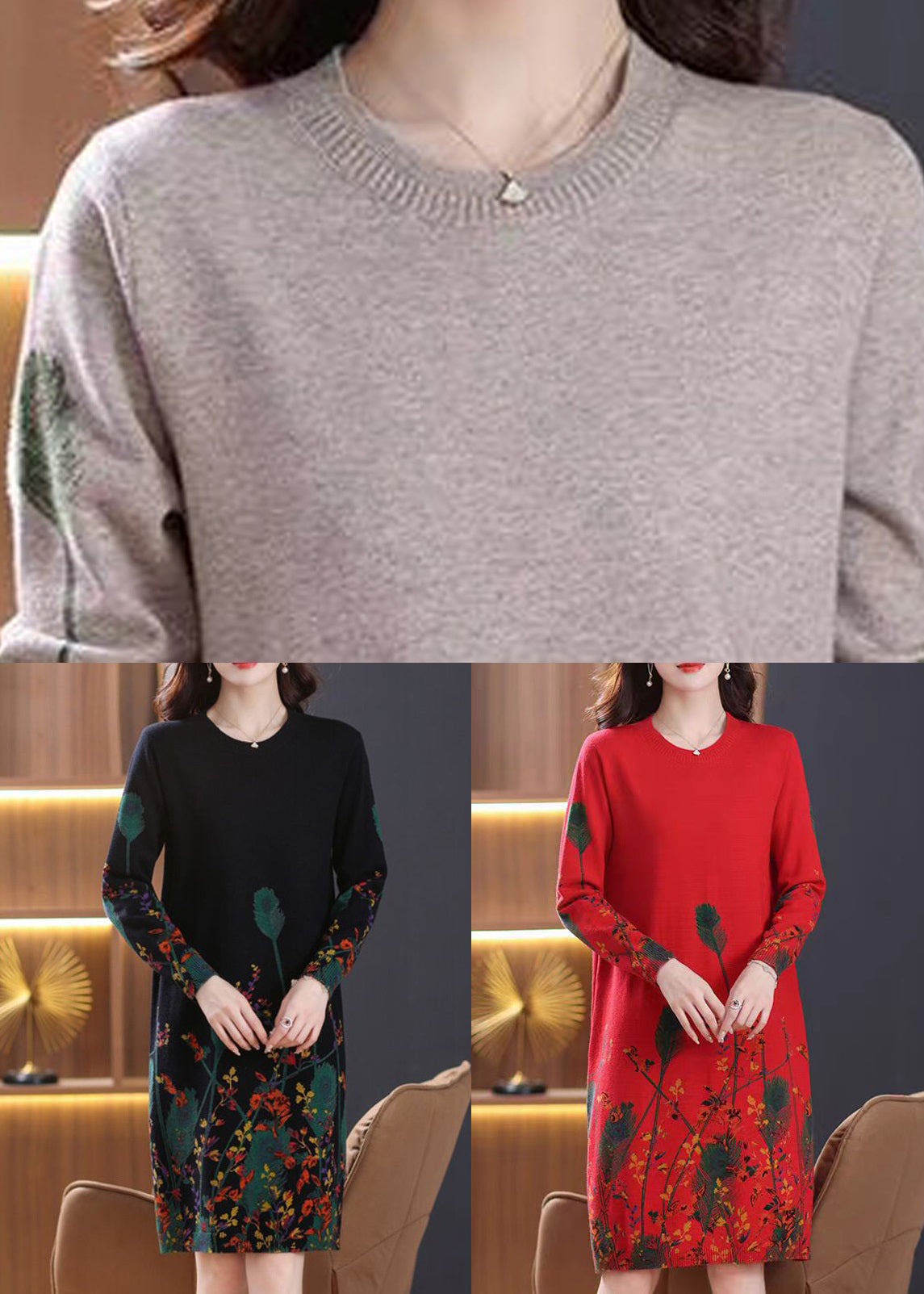 Elegante vestido suéter de punto con estampado de cuello redondo rojo para primavera