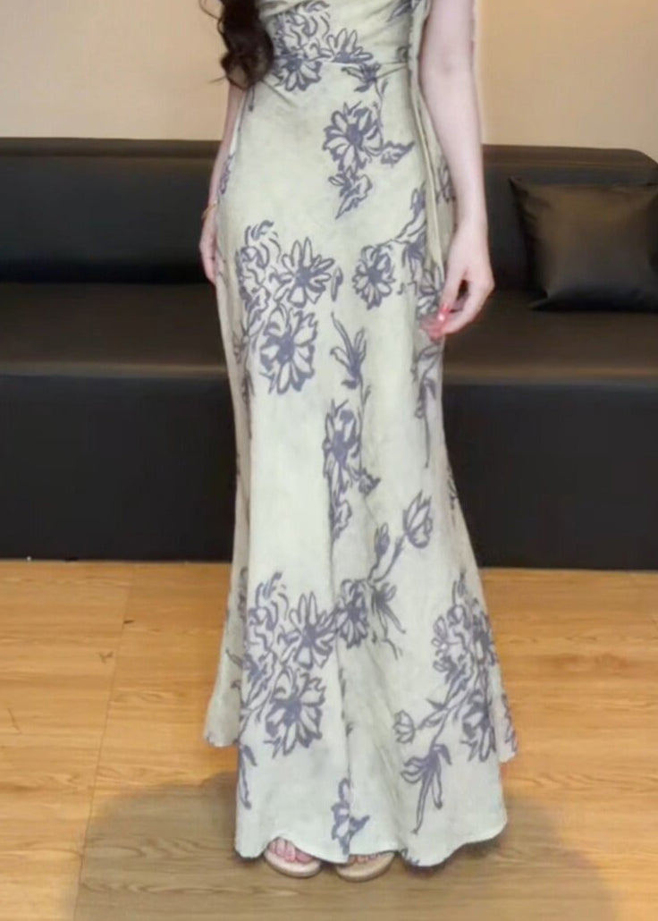 Elegant Retro O-Neck Print Tulle Maxi Dresses Summer