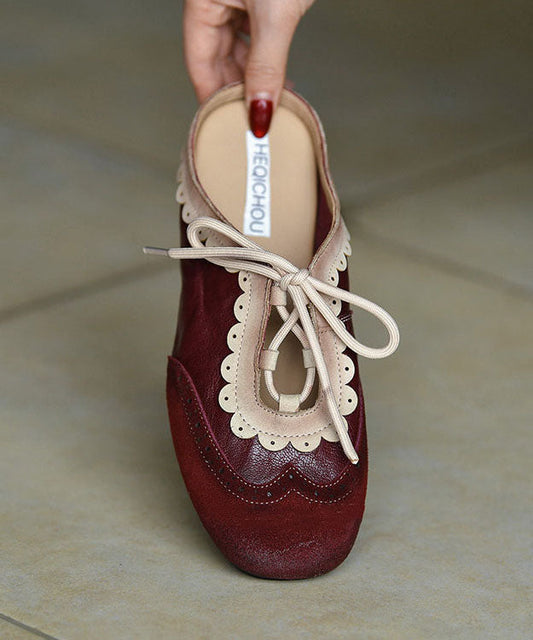 Elegant Splicing Flat Slide Sandals Mulberry Cowhide Leather
