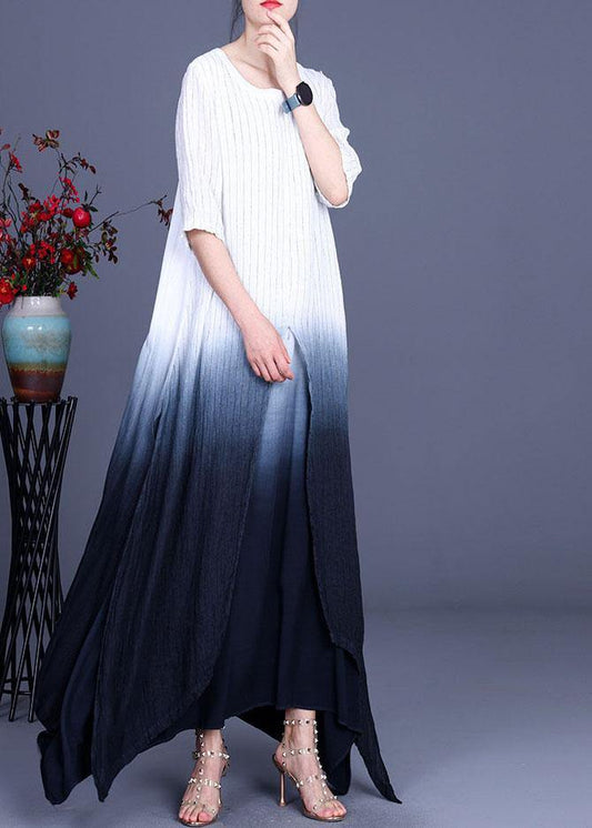 Elegant Striped Tie Dye asymmetrical design Cotton Linen Summer Dress - SooLinen